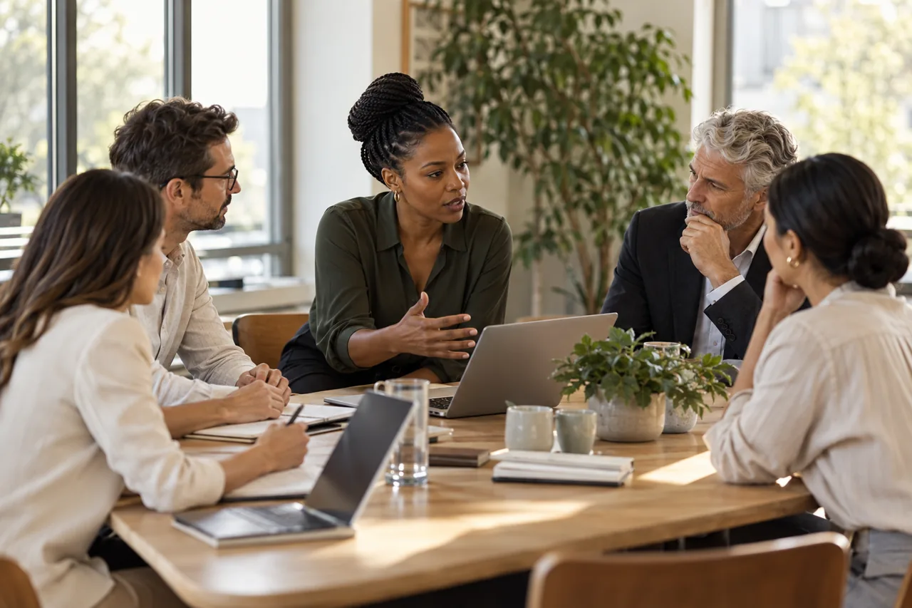 Colleagues across generations collaborating in a sunlit workplace.
