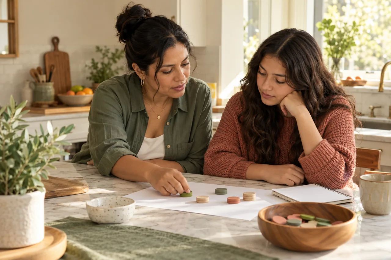 A mother and daughter exploring a savings idea with simple wooden tokens.