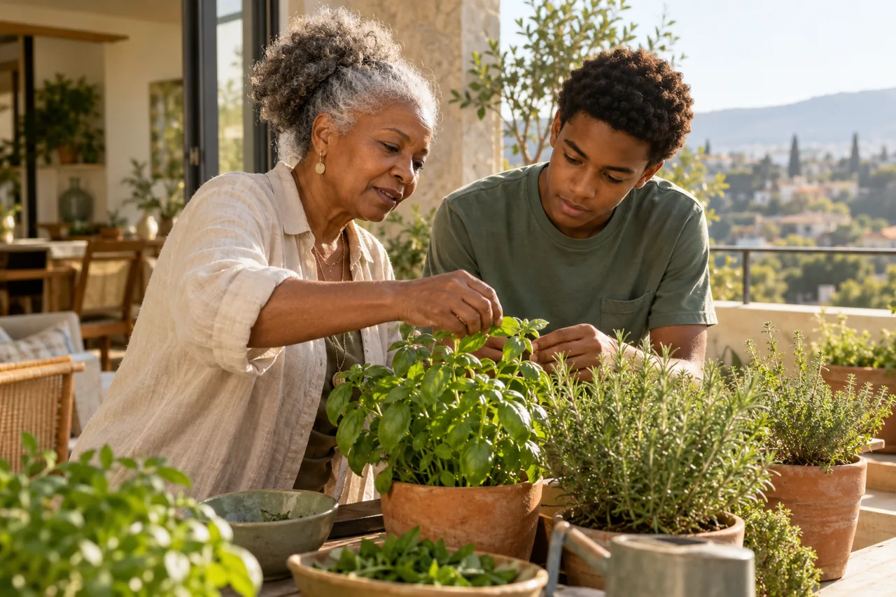 A grandmother sharing knowledge with her teenage grandson in a garden.