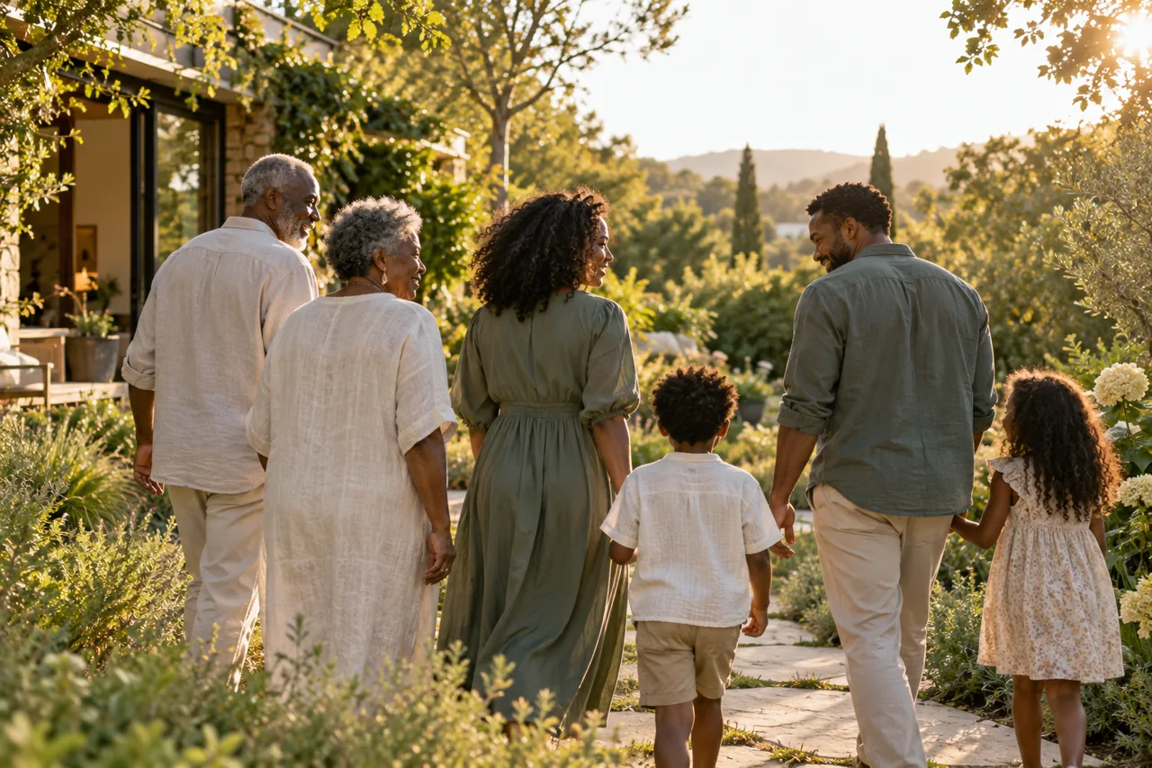 Three generations walking together through a garden.